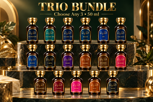 RayRah Trio Bundle — Choose Any 3 • 50 ml, 17 fragrance bottles presented in three rows with the bottom row centered